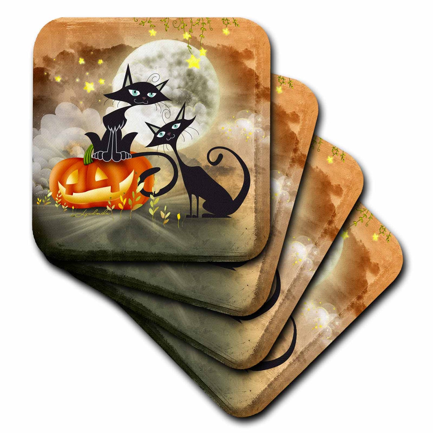 3dRose Milas Art Halloween 2014 - Halloween two cats is telling a scary story each other - Coasters (cst_201124)